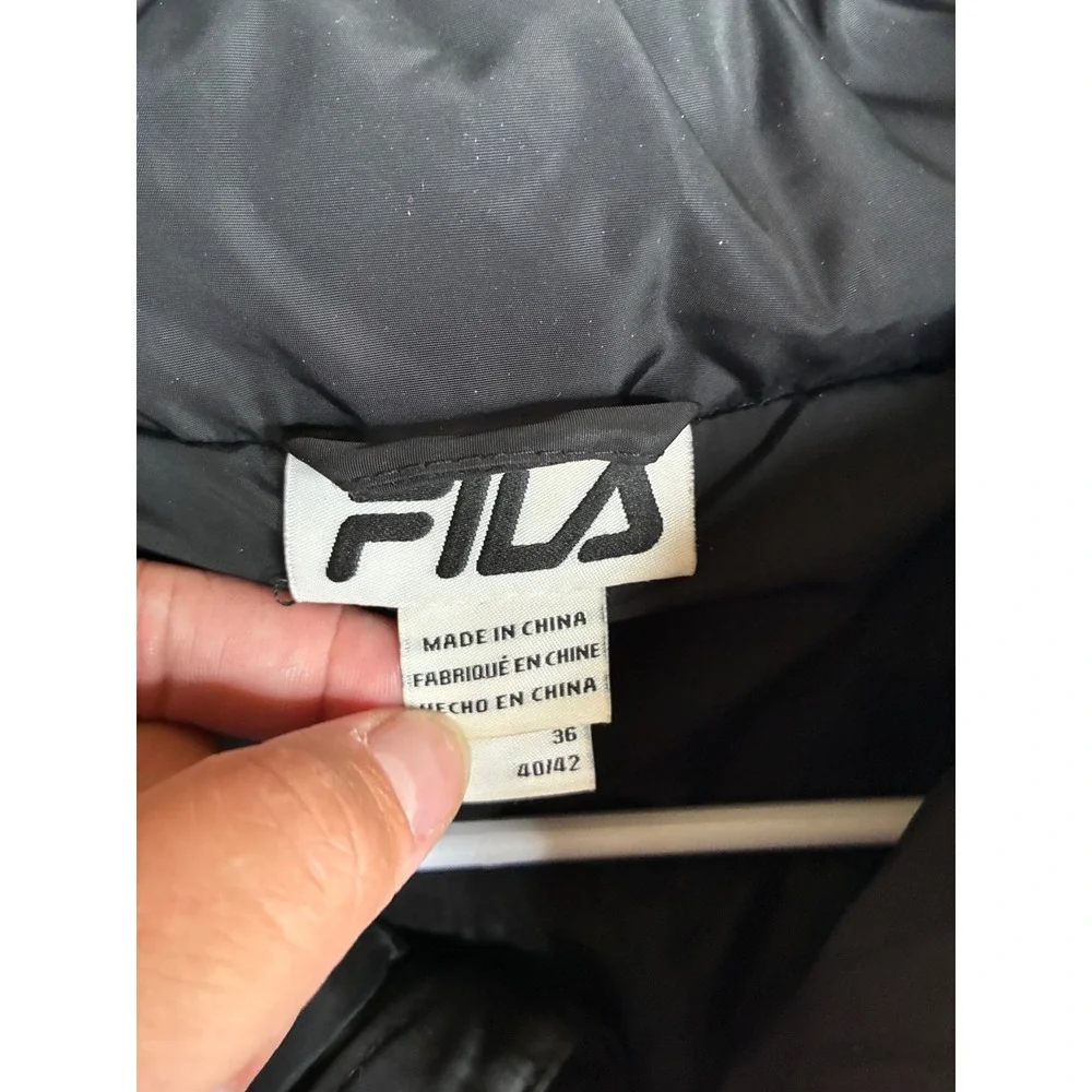 FILA Mens Black White Colorblock Puffer Jacket Full Zip Logo Tape Quilted Small